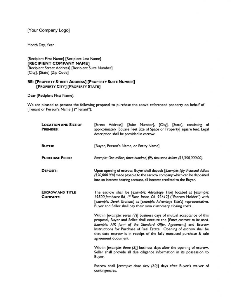 Sample Letter of Intent To Purchase Commercial Real Estate Template