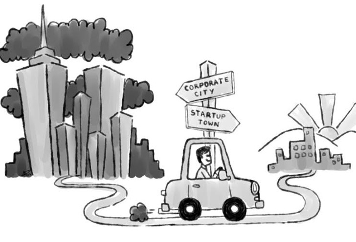 Illustration of a car leaving Corporate City for Startup Town